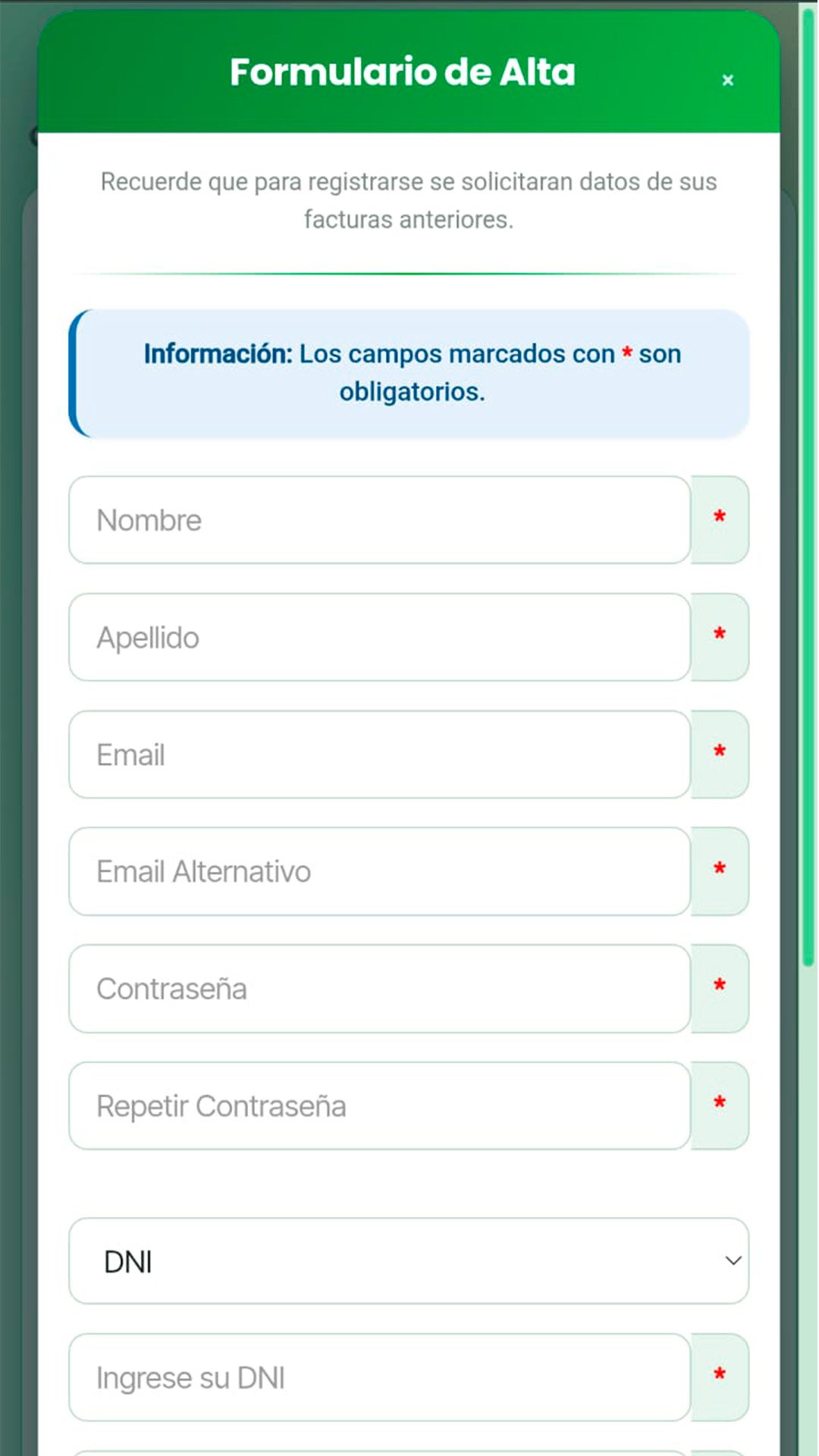 Formulario de Alta en la página de COSPAC, con los campos Nombre, Apellido, Email, Contraseña y DNI