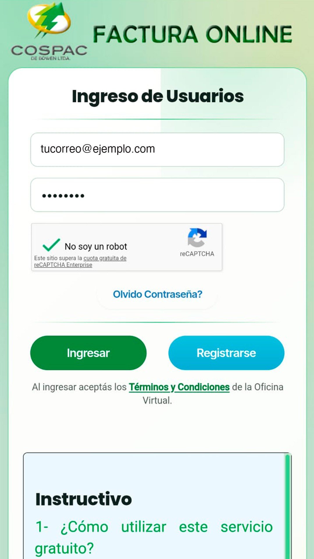 Pantalla Ingreso de Usuarios de COSPAC con correo, contraseña y los botones Ingresar y Registrarse
