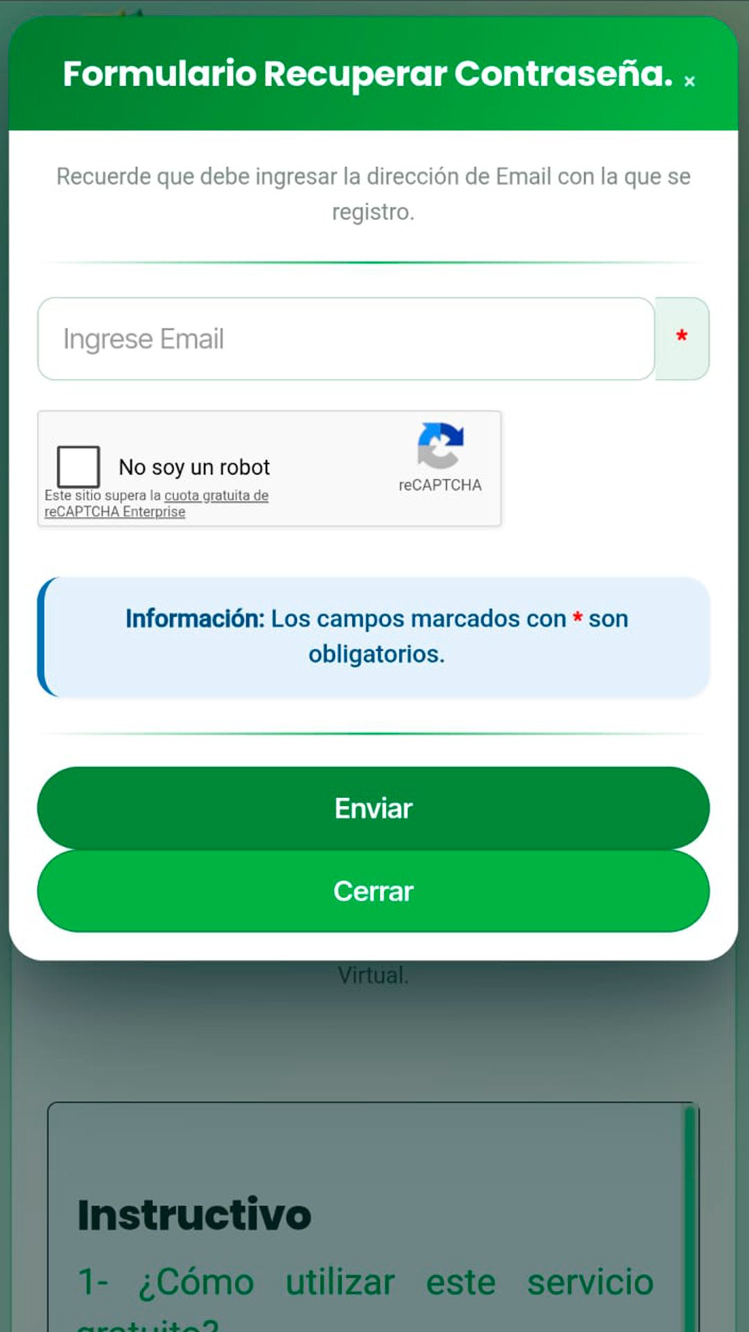 Formulario Recuperar Contraseña de COSPAC con el campo de email, la casilla No soy un robot y los botones Enviar y Cerrar