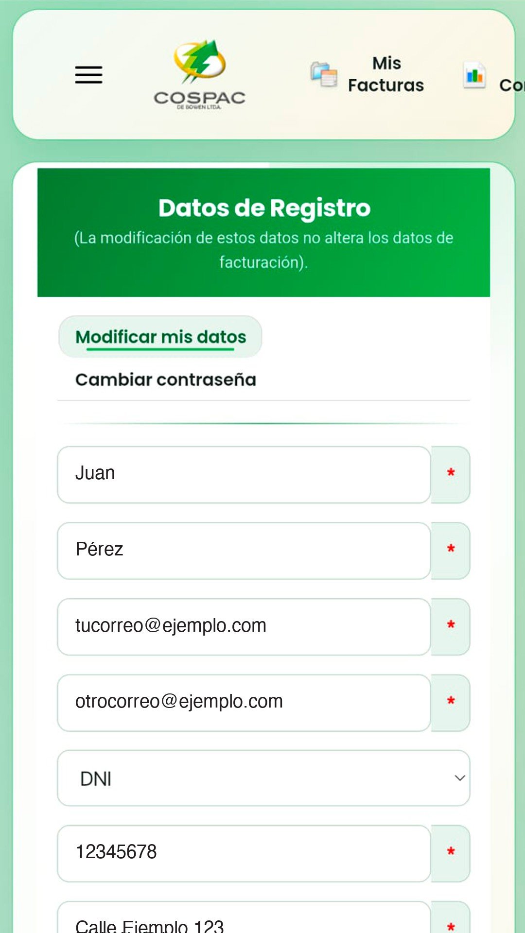 Pantalla Datos de Registro de COSPAC con las pestañas Modificar mis datos y Cambiar contraseña, y los campos del perfil con datos de ejemplo
