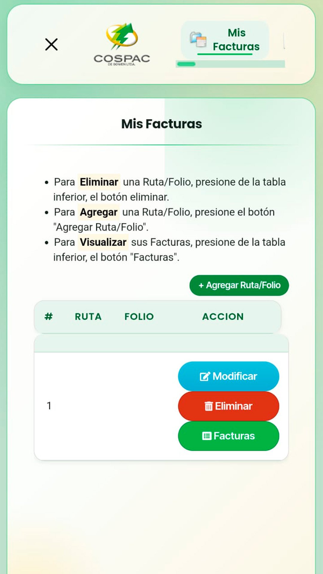 Pantalla Mis Facturas de COSPAC con el botón Agregar Ruta/Folio y la tabla de rutas con los botones Modificar, Eliminar y Facturas