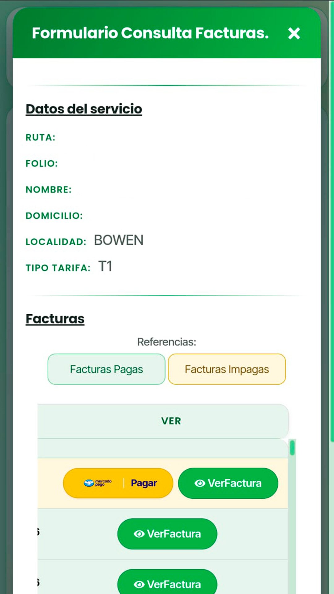 Formulario Consulta Facturas de COSPAC con una factura impaga resaltada y los botones Pagar con Mercado Pago y VerFactura
