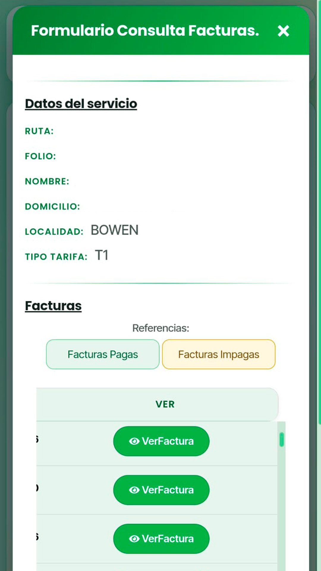 Formulario Consulta Facturas de COSPAC con los datos del servicio y la lista de facturas con botones VerFactura